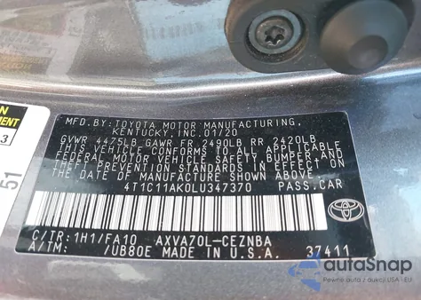 2020 Toyota Camry Le from USA, damaged, VIN 4T1C11AK0LU347370